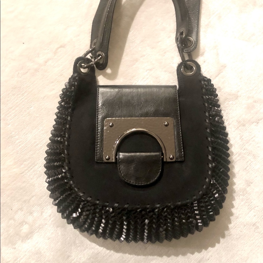 Diane Von Furstenberg DVF Black Woven Leather Saddle Bag